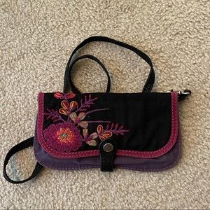 Mini black and purple floral purse with strap